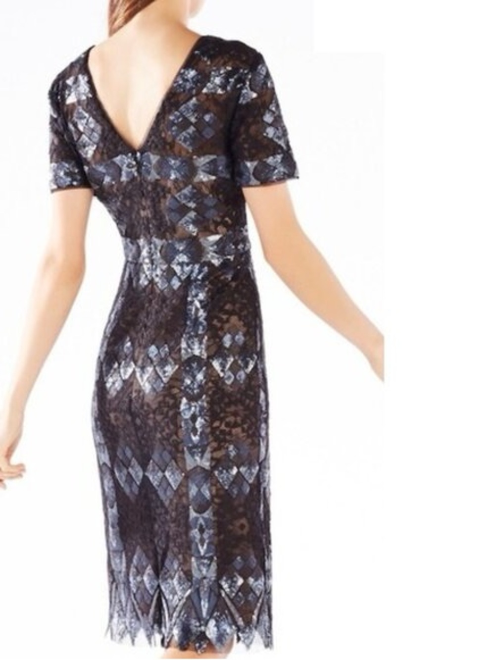 BCBGMaxAzria Black Lace Midi Dress with Blue Pattern